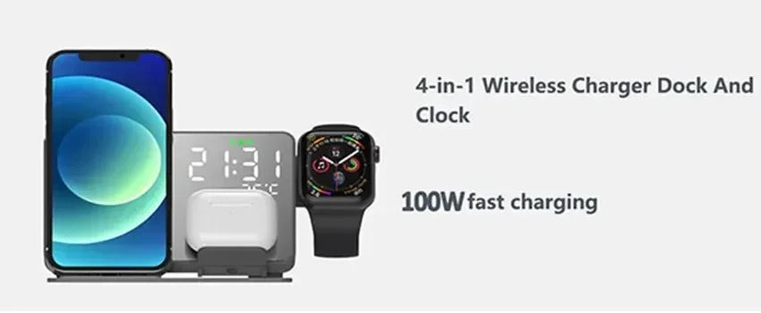 Premium 4 in 1 Wireless Charging Station with Alarm Clock – Fast Charger Stand for iPhone, Apple Watch, AirPods, Samsung Galaxy, Temperature & Date Display