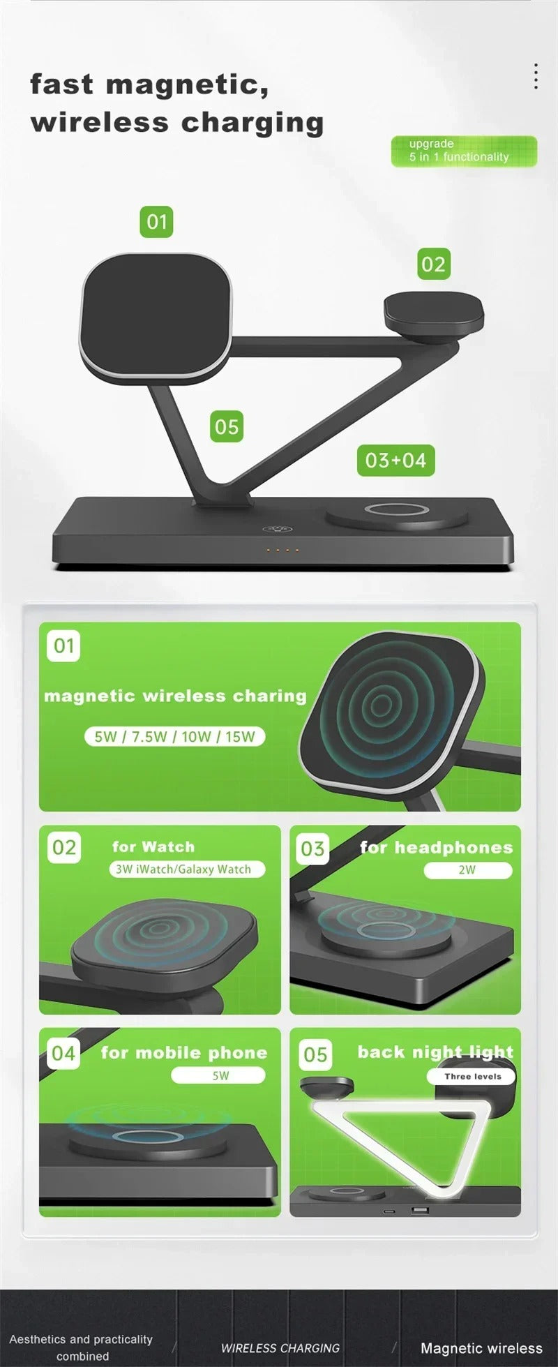 Premium 5 in 1 Magnetic Wireless Charging Station – Foldable Fast Charger Stand for Phones, Smartwatches, Earbuds with 30W Output & LED Night Light