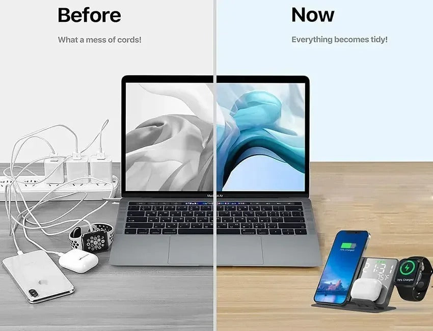 Premium 4 in 1 Wireless Charging Station with Alarm Clock – Fast Charger Stand for iPhone, Apple Watch, AirPods, Samsung Galaxy, Temperature & Date Display