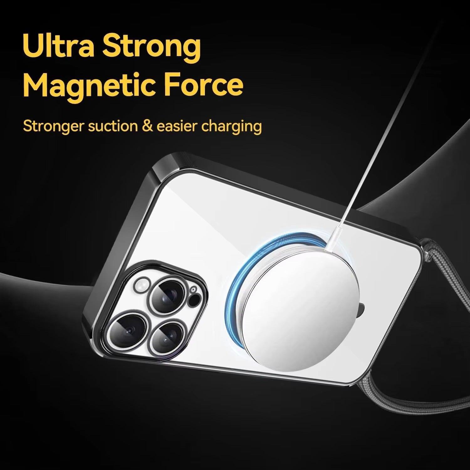 Luxury Apple iPhone Case, MagSafe Compatible, Camera Lens & Screen Protection, Ultra Thin, Shockproof, Magnetic Full All Around Cover – Clear Plating Soft Case with Necklace Lanyard Cord