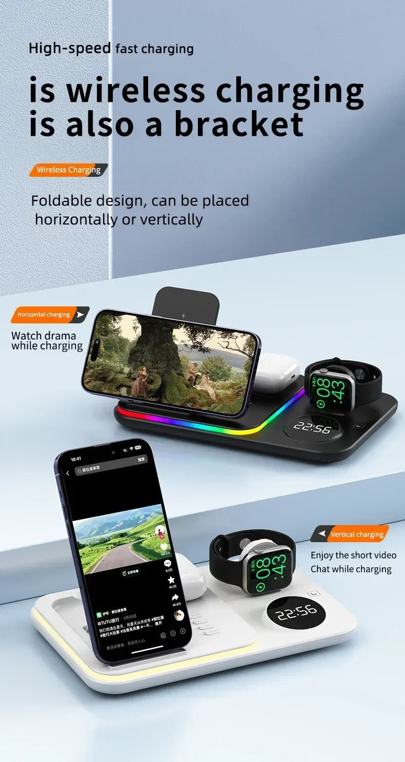 Premium 5 in 1 Wireless Charging Station – 30W Foldable Fast Charger Dock with RGB LED Light, Alarm Clock for Phones, Apple Watch, Samsung Watch & AirPods