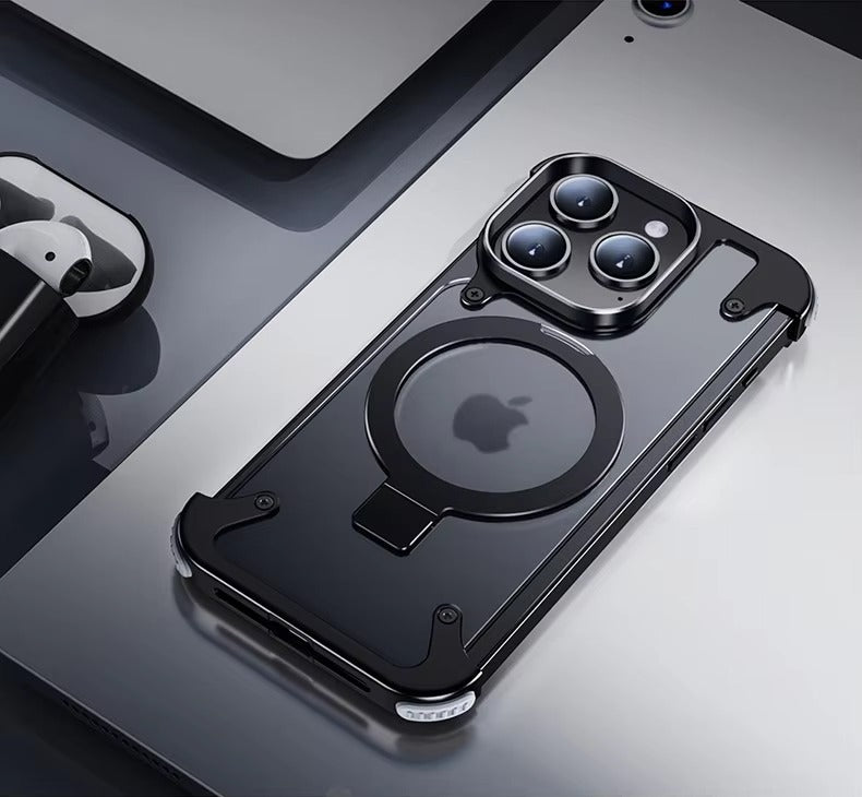 Luxury Edgeless Apple iPhone Case, MagSafe Compatible, Ultra Thin Magnetic  Metal Frame and Aluminum Kickstand