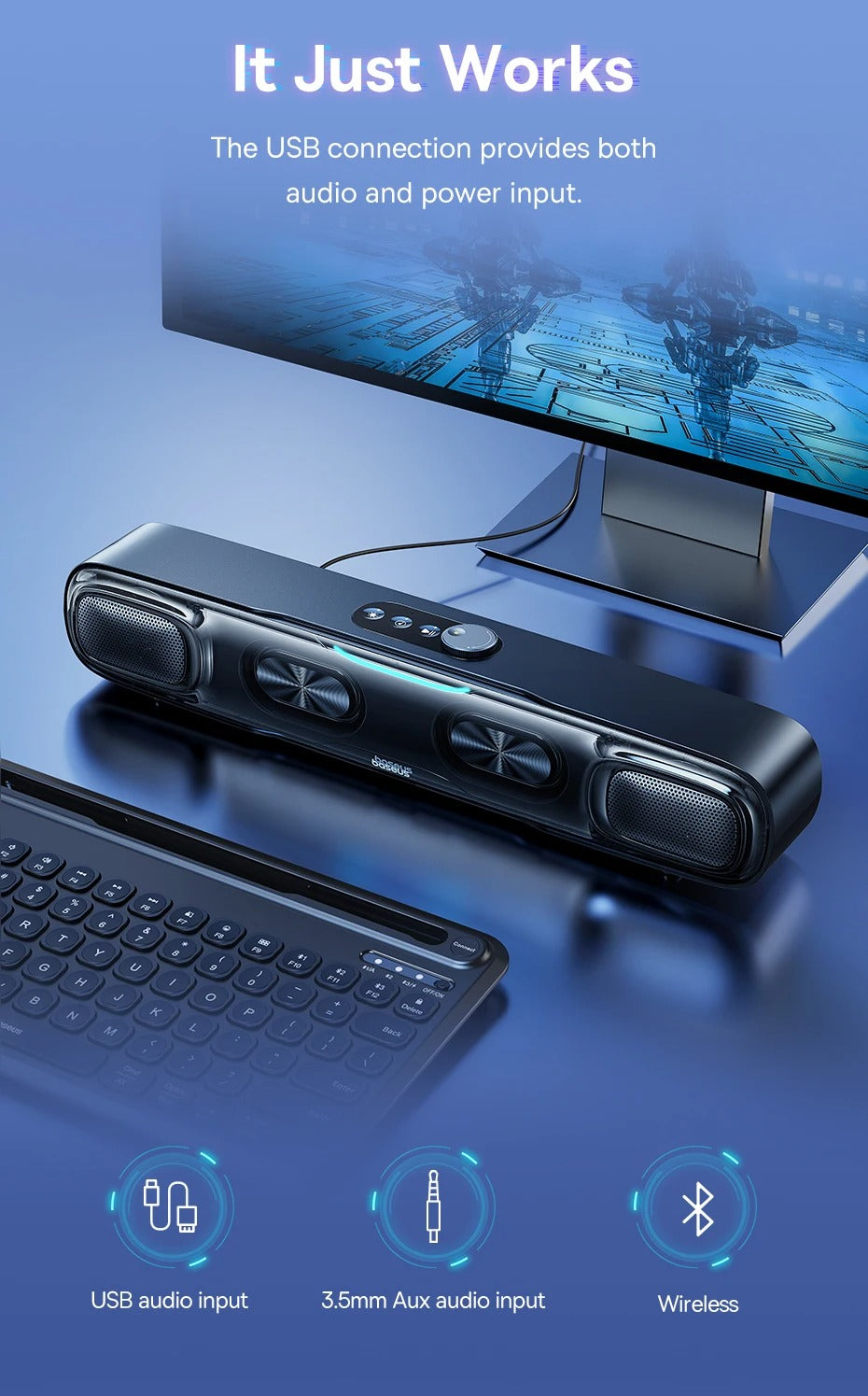 Premium Mini Bluetooth Soundbar for iPhone & Mac – Desk Speaker with 3D Surround Audio, Triple-Mode Playback, Subwoofer 