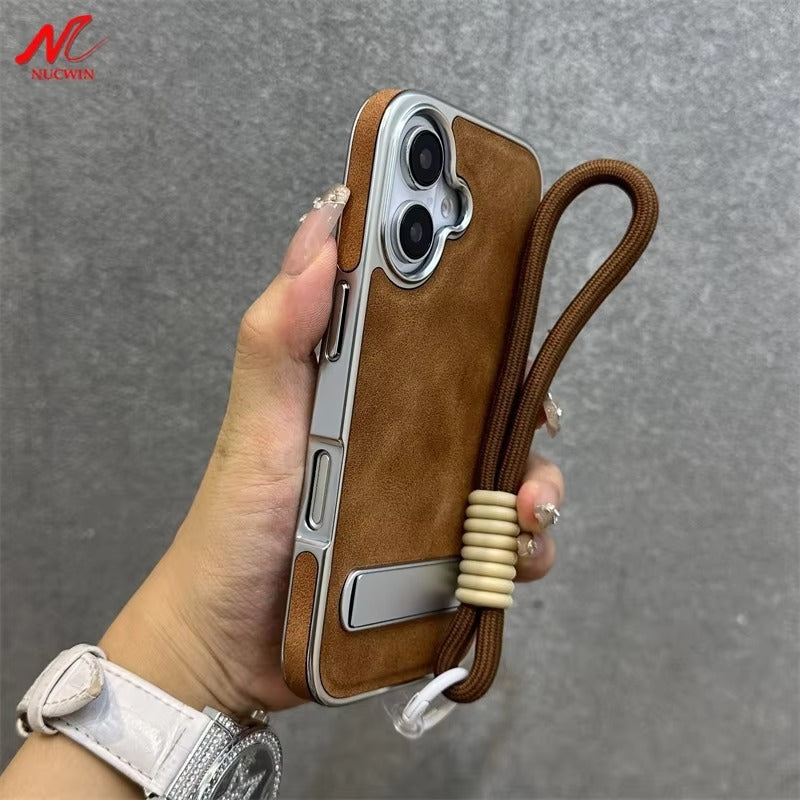 High-End Apple iPhone Case, MagSafe Compatible, Camera Lens & Screen Protection, Ultra Thin, Shockproof, Magnetic Full All Around Cover – Business Plating Leather Case with Kickstand, Wrist Strap & Hand Chain