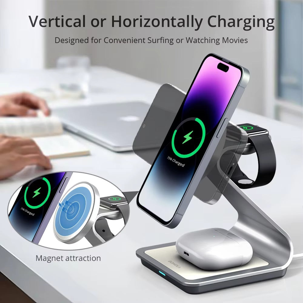 Premium 3 in 1 Magnetic Wireless Charging Stand – 15W Fast Charger Dock with Aluminum Alloy Metal Design for iPhone, Apple Watch and AirPods