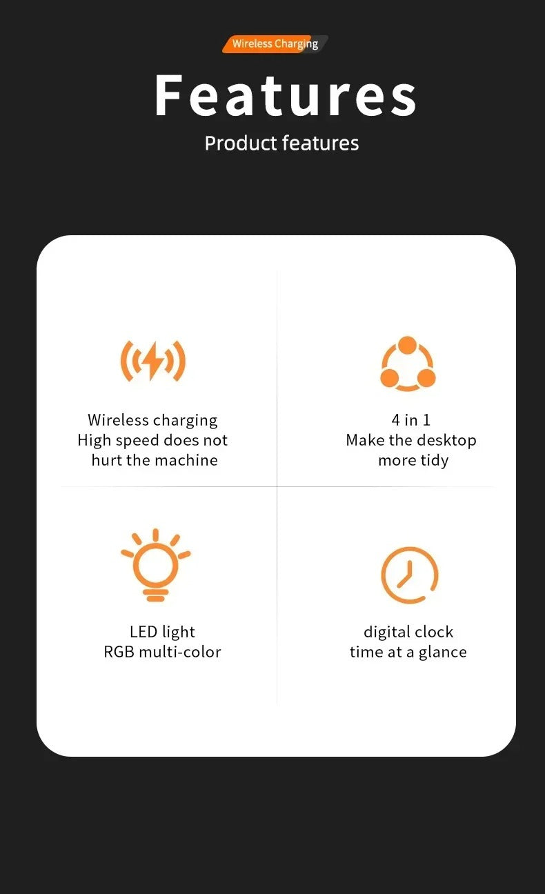 Premium 5 in 1 Wireless Charging Station – 30W Foldable Fast Charger Dock with RGB LED Light, Alarm Clock for Phones, Apple Watch, Samsung Watch & AirPods
