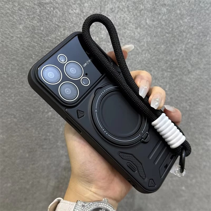 Luxury Apple iPhone Case, MagSafe Compatible, Camera Lens & Screen Protection, Ultra Thin, Shockproof, Magnetic Full All Around Cover – Stand Holder Case with Lens Guard, Wristband & Lanyard Strap