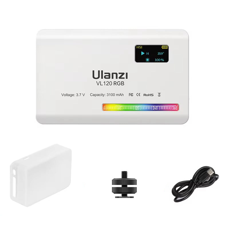 High Quality RGB LED Video Light Panel for Camera & Phone – 2500-9000K Bi-Color, CRI 95+, Diffuser, 3100mAh Battery, 360° Mount, 120 Lamp Beads
