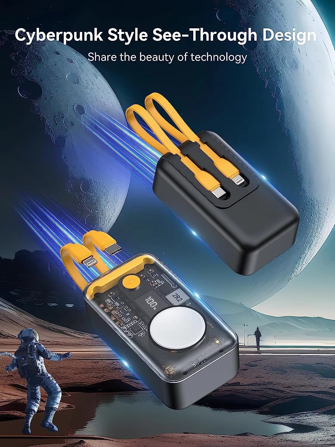 Premium, 10000mAh Wireless Power Bank with Built-in Cable – PD 20W Fast Charging Battery Source for Apple Watch S1–S9, iPad Air