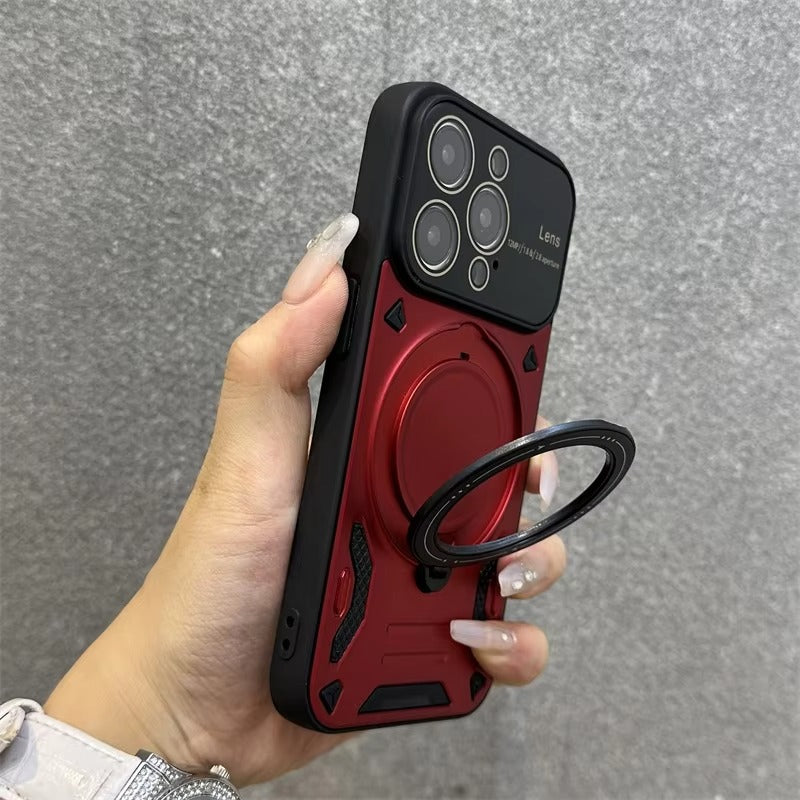 Luxury Apple iPhone Case, MagSafe Compatible, Camera Lens & Screen Protection, Ultra Thin, Shockproof, Magnetic Full All Around Cover – Stand Holder Case with Lens Guard, Wristband & Lanyard Strap