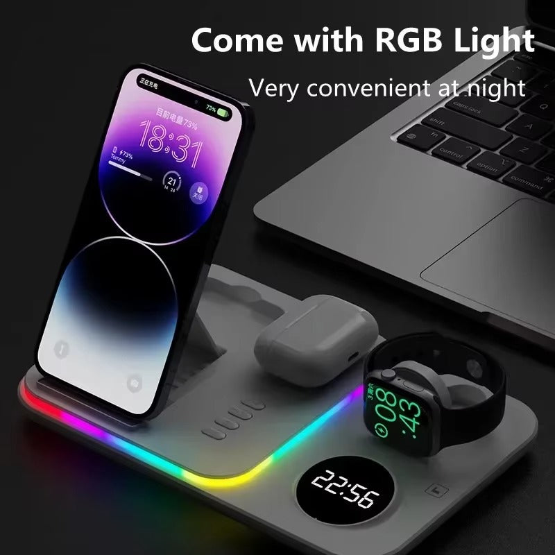 Premium 5 in 1 Wireless Charging Station – 30W Foldable Fast Charger Dock with RGB LED Light, Alarm Clock for Phones, Apple Watch, Samsung Watch & AirPods