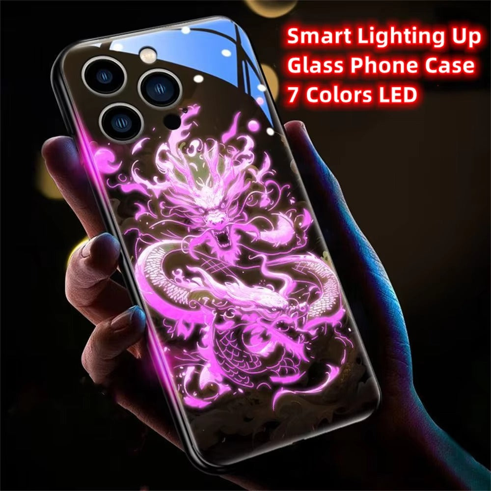 Premium Apple iphone  Case, LED Flash, Sound Reactive, Shockproof, Ultra Thin, Full Body Protection, Golden Dragon Luminous Glass Cover