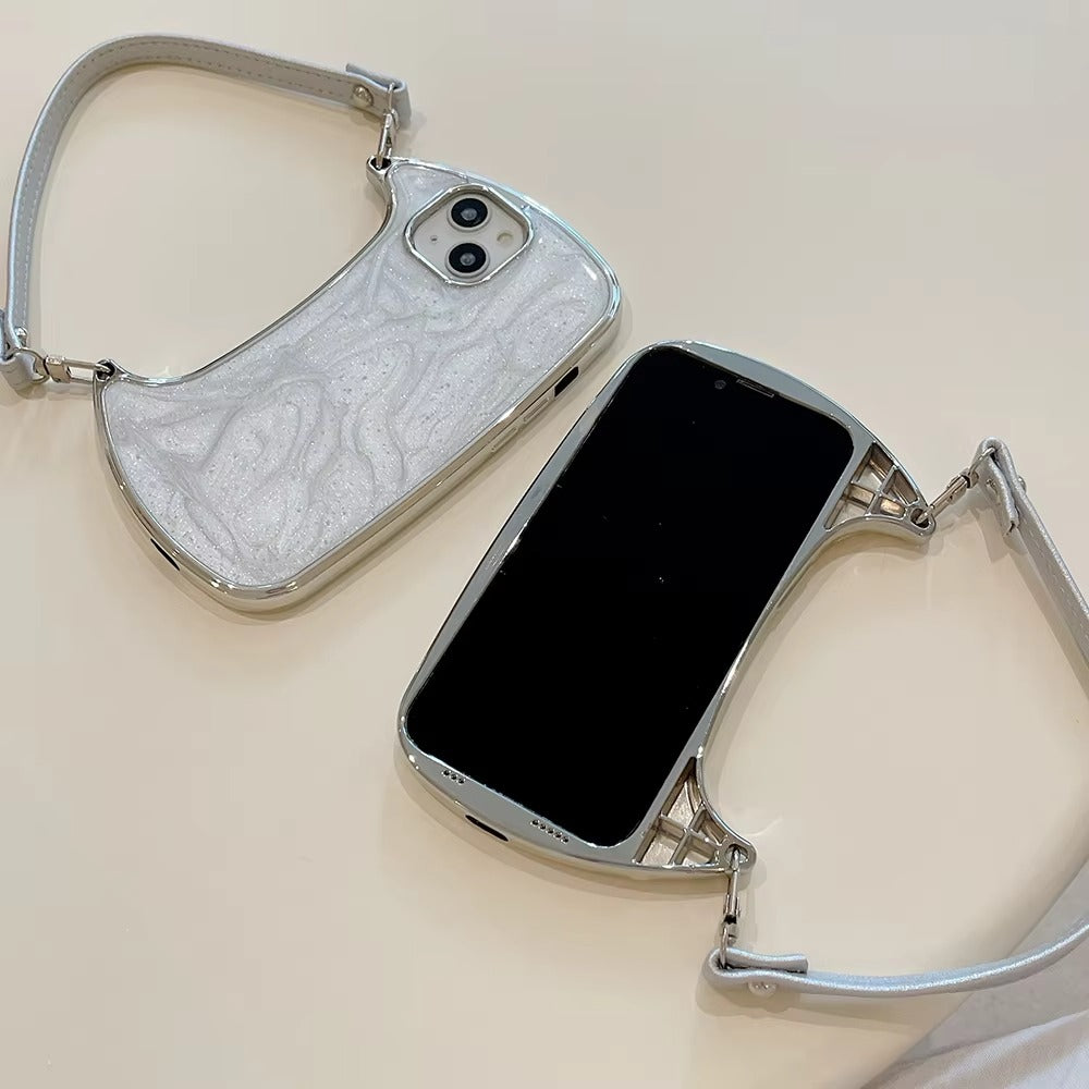 Luxury Apple iPhone Case, MagSafe Compatible, Camera Lens & Screen Protection, Ultra Thin, Shockproof, Magnetic Full All Around Cover – Electroplated Handbag Style Case with Soft Body & Hand Strap