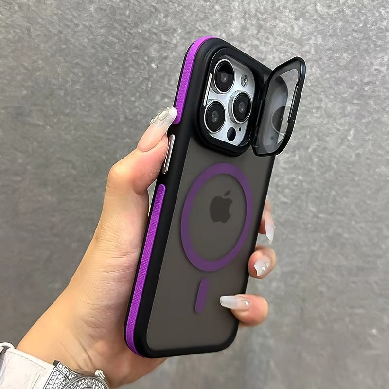 Luxury Apple iPhone Case  Ultra Thin Shockproof Magnetic Full All Around Protection Cover with Matte Stand & Wrist Strap