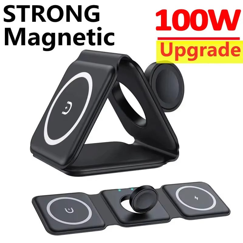 Premium 3 in 1 Magnetic Wireless Charger Pad – Portable Fast Charging Dock for iPhone, Apple Watch, AirPods with Foldable Stand, Type-C, 15W Output