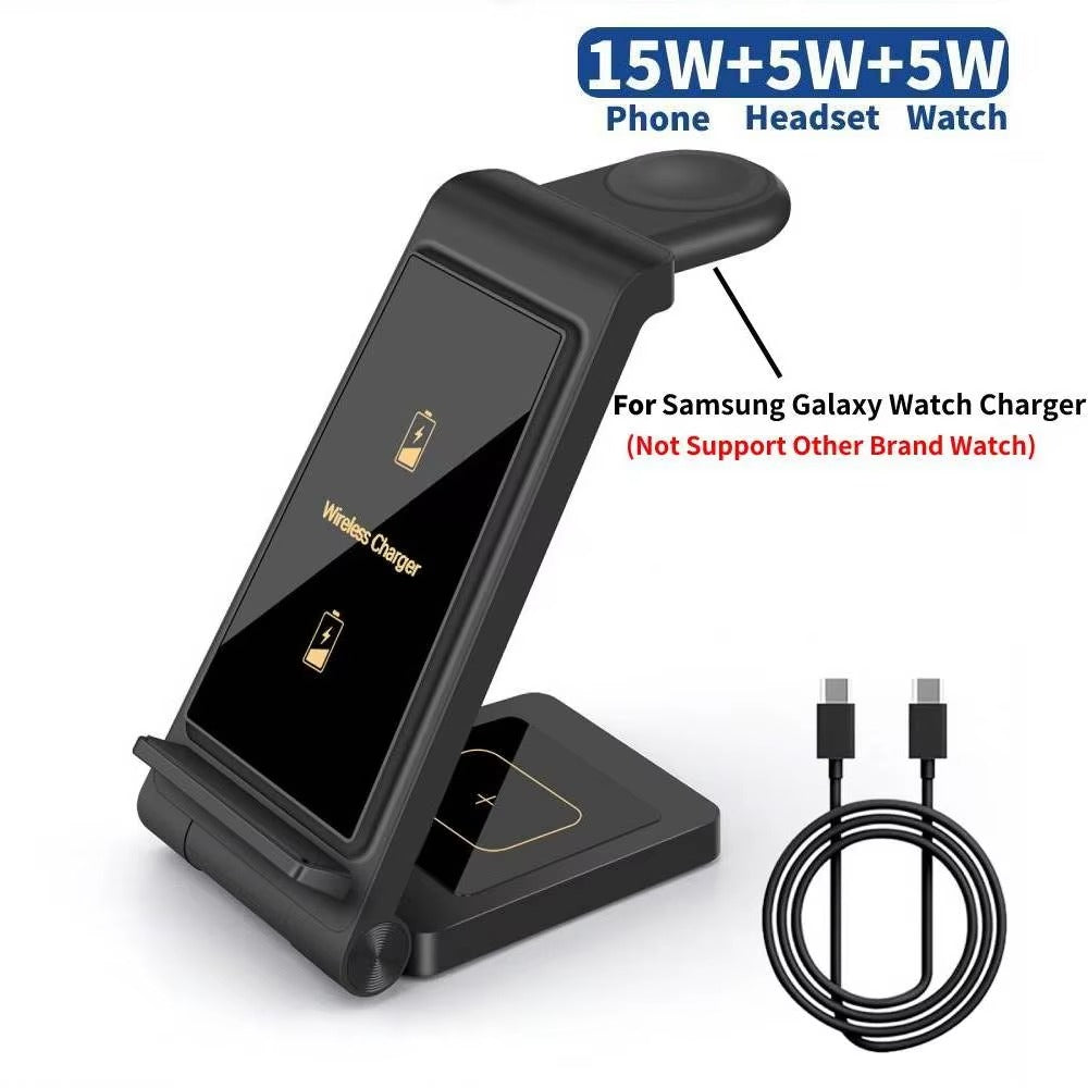 Premium 25W 3 in 1 Wireless Charging Station – Fast Charger Stand for Samsung Phones, Galaxy Watch and Buds with Detachable Holder and Type-C Cable