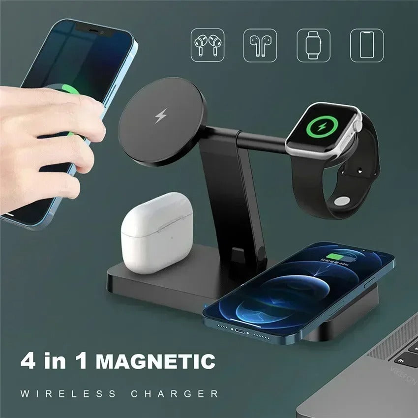 Premium 5 in 1 Magnetic Wireless Charging Station – Foldable Fast Charger Stand for Phones, Smartwatches, Earbuds with 30W Output & LED Night Light