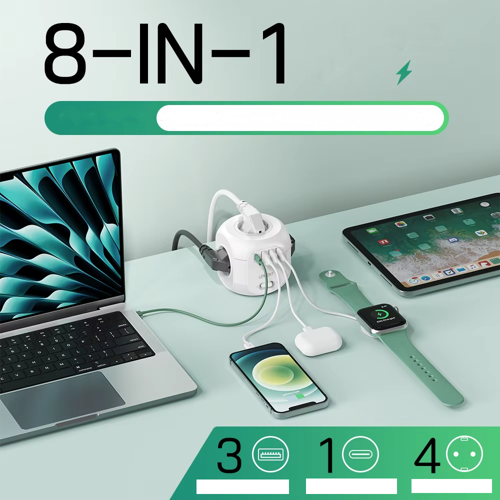 Premium, EU Plug Power Strip with 4 AC Outlets, 3 USB Ports, 1 Type-C, 2M/3M Braided Cable – Multi Socket Extension for Home