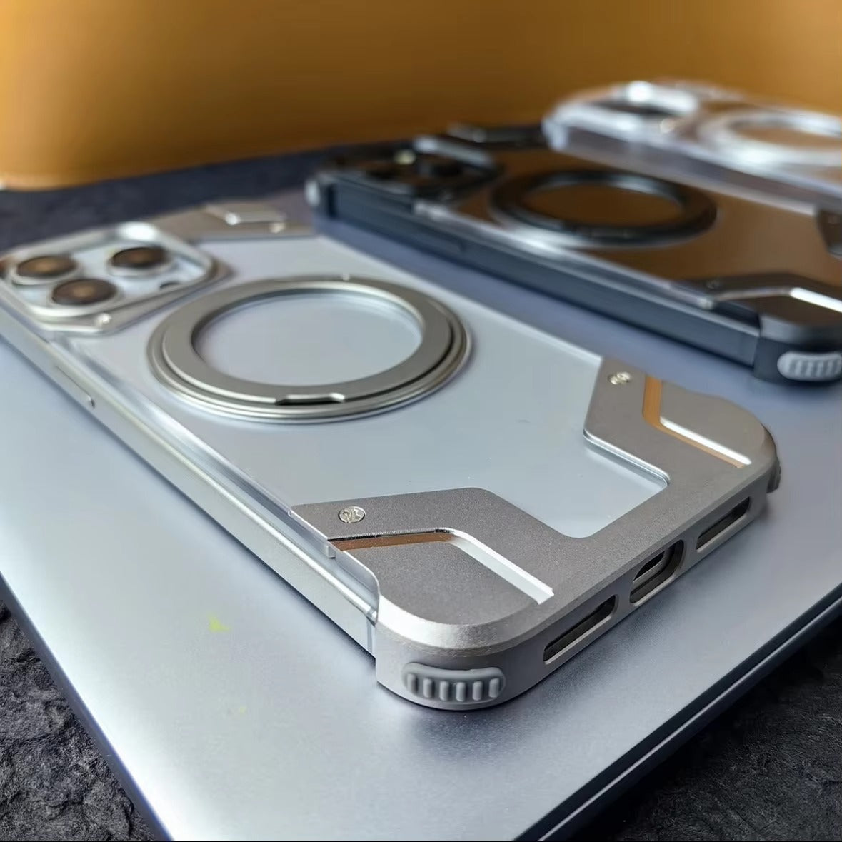 Luxury Apple iPhone Case, MagSafe Compatible, Camera Lens & Screen Protection, Ultra Thin, Shockproof, Magnetic Full All Around Cover – 360° Aluminum Alloy Rimless Case with Transparent PC & Built-In Bracket