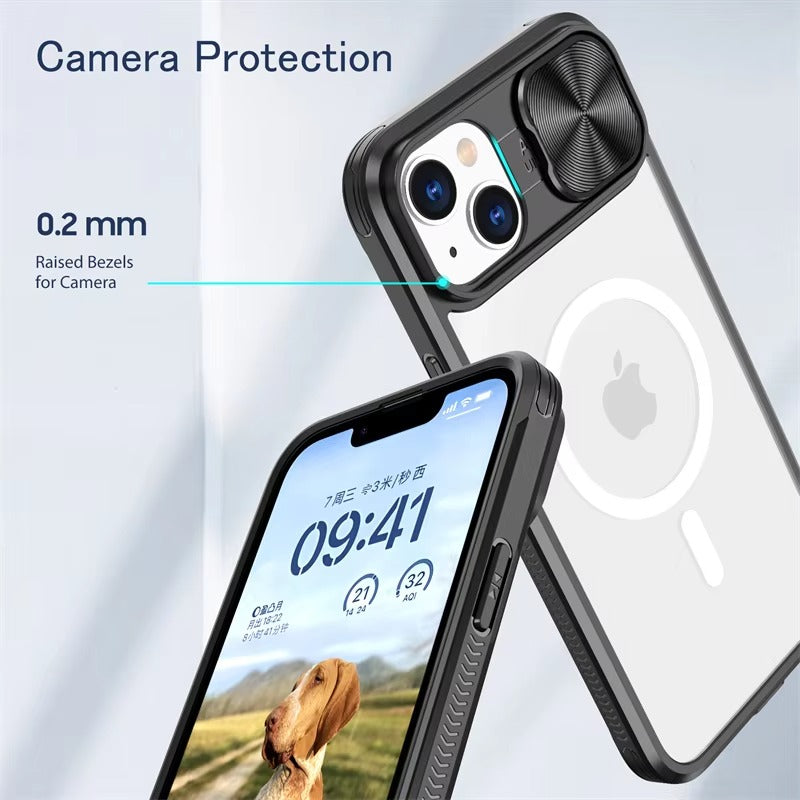 Premium Apple iPhone Case MagSafe Compatible, Camera Lens & Screen Protection,  Cover with Slide Lens & Clear Acrylic Back