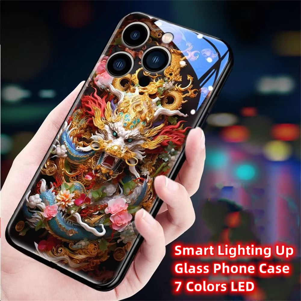 Premium Apple iphone  Case, LED Flash, Sound Reactive, Shockproof, Ultra Thin, Full Body Protection, Golden Dragon Luminous Glass Cover