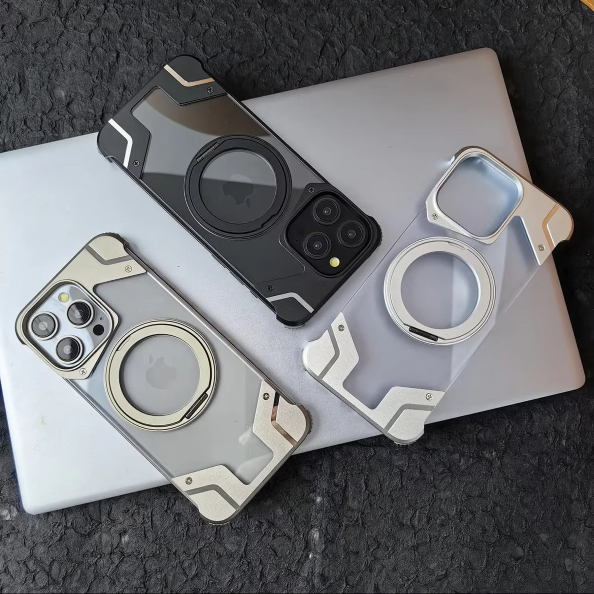 Luxury Apple iPhone Case, MagSafe Compatible, Camera Lens & Screen Protection, Ultra Thin, Shockproof, Magnetic Full All Around Cover – 360° Aluminum Alloy Rimless Case with Transparent PC & Built-In Bracket