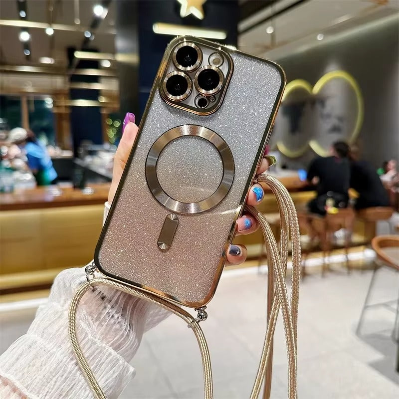Premium Glitter Crossbody Apple iPhone Case, MagSafe Compatible, Ultra Thin Magnetic Shockproof Full Cover 