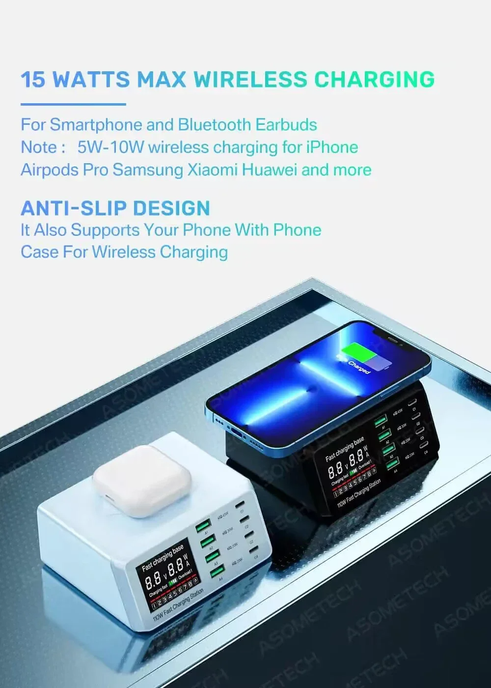 Premium 110W USB C Charging Station – Multi Port 9 in 1 Fast Charger with PD QC3.0, Wireless Charging, Digital Display for Phones, Tablets and Earbuds