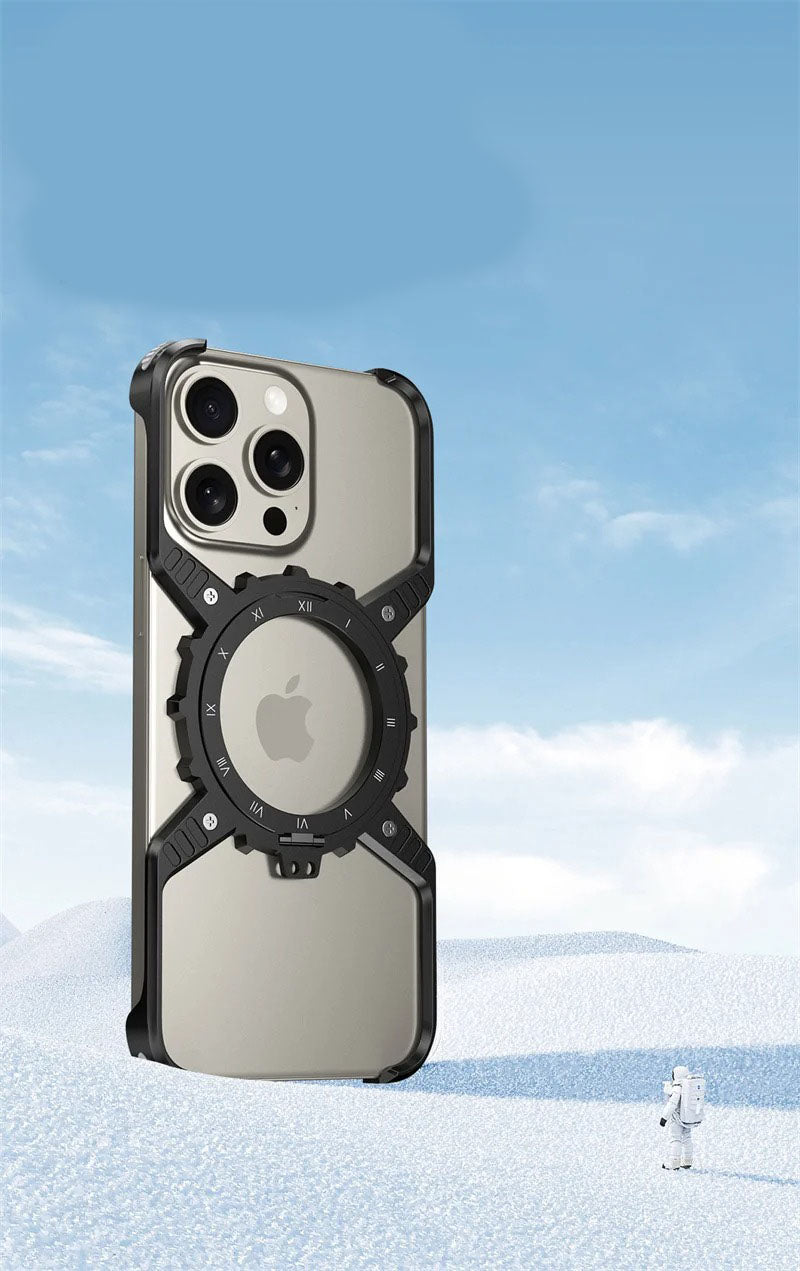 Robust Apple iPhone Case, MagSafe Compatible, Camera Lens & Screen Protection, Ultra Thin, Shockproof, Magnetic Full All Around Cover – X-Shaped Gear Aluminum Case with 360° Stand & Noctilucent Frameless Design