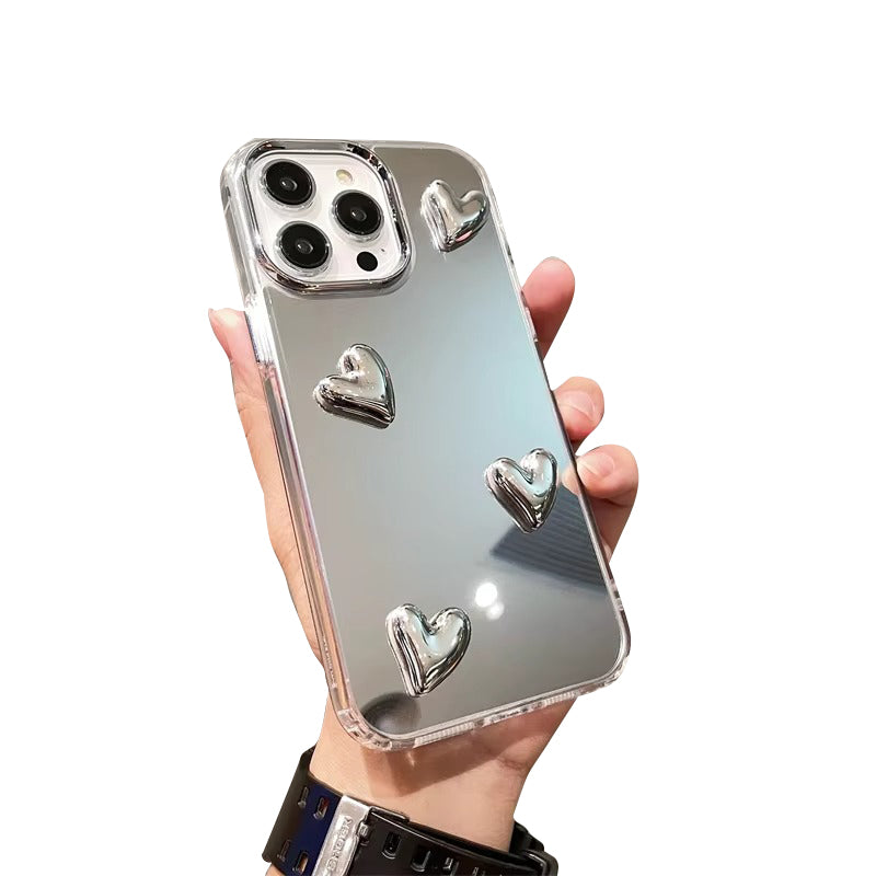 Luxury Apple iPhone Case, MagSafe Compatible, Camera Lens and Screen Protection, Ultra Thin, Shockproof, Magnetic, Full All Around Protection, Silvery Heart Mirror Cover