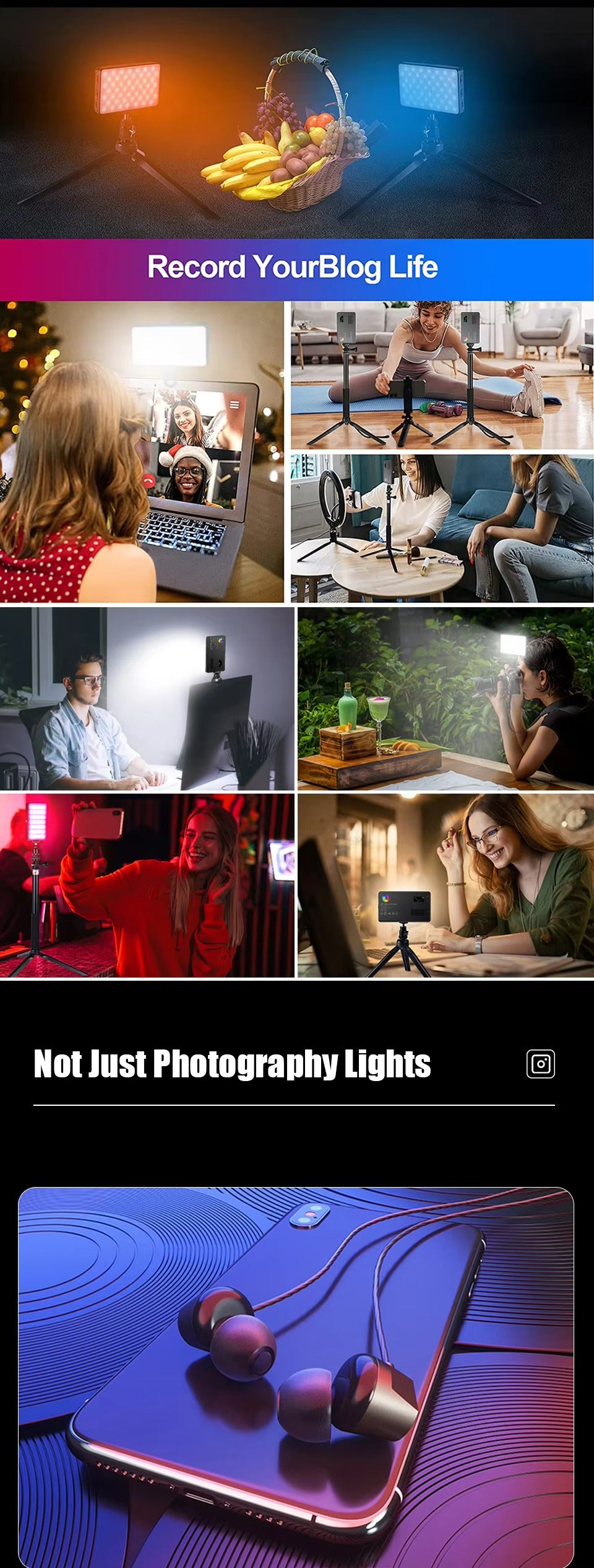 High Quality, RGB LED Video Light Panel – Adjustable 2500–9000K Fill Light with LCD Display, Vlogging, and Apple Devices