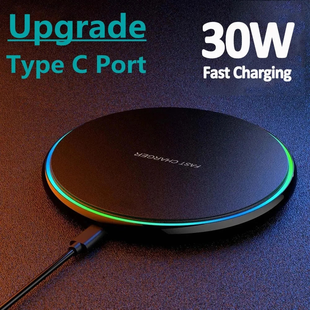 Premium 30W Wireless Charging Pad – Fast Induction Charger with Type C Connector, LED Indicator, Compatible with Apple iPhone, AirPods, iOS & Android Devices