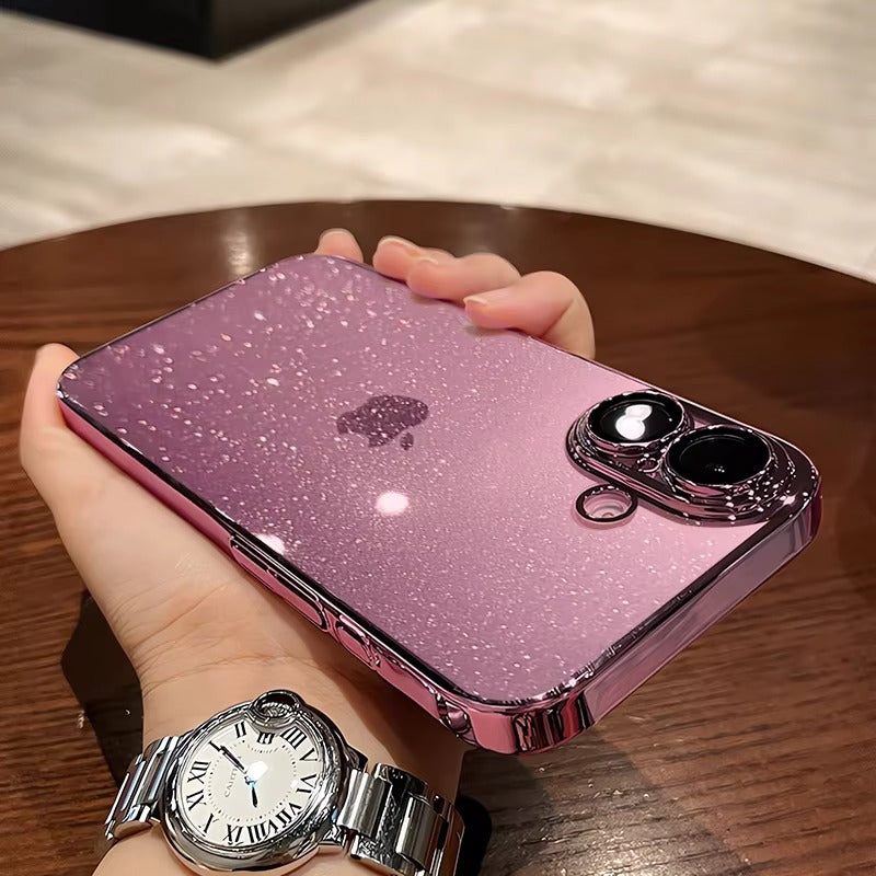 Luxury Apple iPhone Case, MagSafe Compatible, Camera Lens & Screen Protection, Ultra Thin, Shockproof, Magnetic Full All Around Cover – Transparent Glitter Slim Case with Electroplated Gold Bumper & Hard Plastic Back