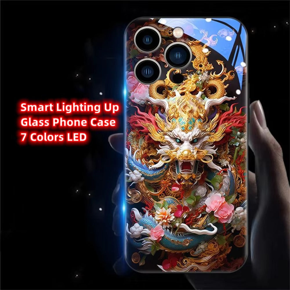 Premium Apple iphone  Case, LED Flash, Sound Reactive, Shockproof, Ultra Thin, Full Body Protection, Golden Dragon Luminous Glass Cover