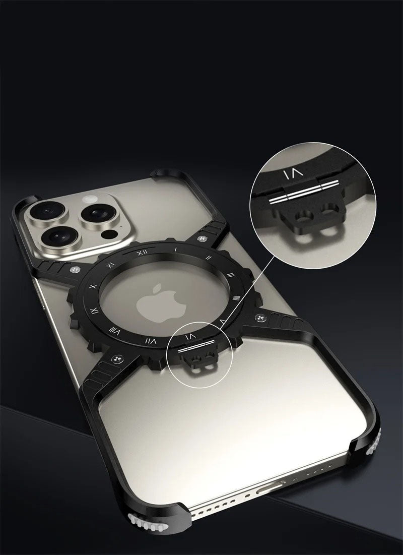 Robust Apple iPhone Case, MagSafe Compatible, Camera Lens & Screen Protection, Ultra Thin, Shockproof, Magnetic Full All Around Cover – X-Shaped Gear Aluminum Case with 360° Stand & Noctilucent Frameless Design