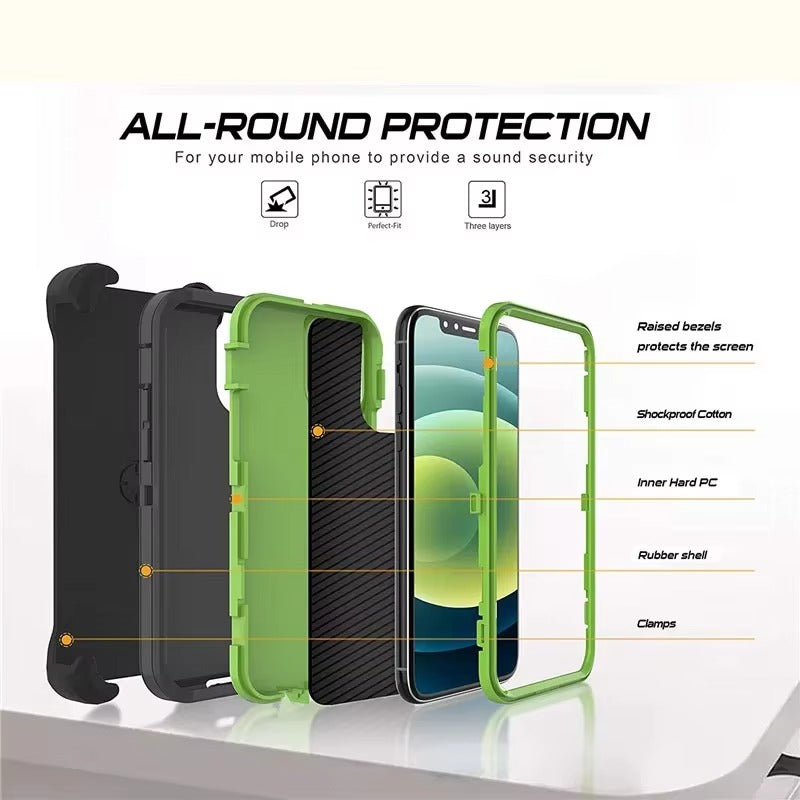 Robust Apple iPhone Case, MagSafe Compatible, Camera Lens & Screen Protection, Ultra Thin, Shockproof, Magnetic Full All Around Cover – 3-in-1 Defender Armor Rugged Case with Back Belt Clip & Full Body Protection
