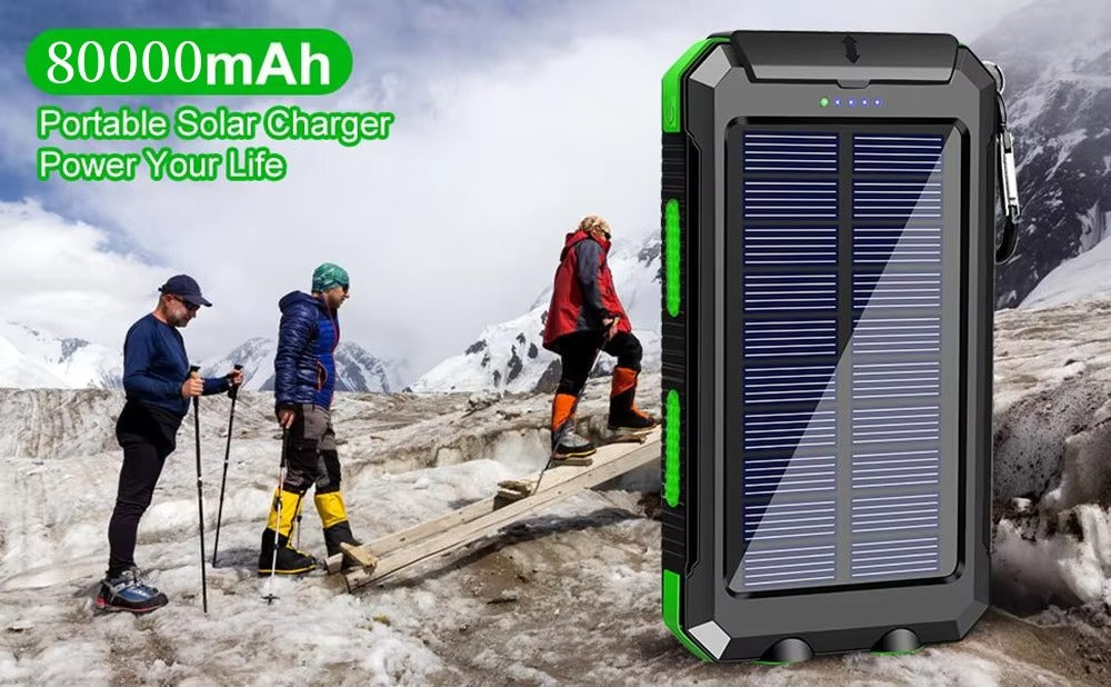 Robust 80000mAh Solar Power Bank – Portable Waterproof Charger with Dual USB, Strong LED Flashlight, Digital Display, Compass & Outdoor Emergency Features