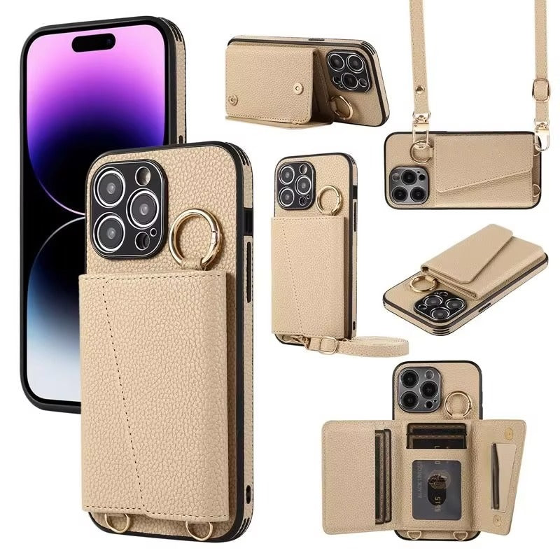 High-End Apple iPhone Case, MagSafe Compatible, Camera Lens & Screen Protection, Ultra Thin, Shockproof, Magnetic Full All Around Cover – Crossbody Leather Wallet Case with Finger Ring Buckle & Card Slots
