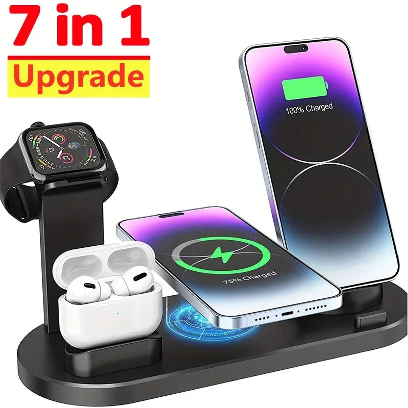 Premium 7-in-1 Wireless Charging Station for Apple iPhone, iOS & Android – Fast 30W Qi Charger Dock with USB-C, AirPods & Apple Watch Support, Multiple Device Charging, Overcharge Protection, Smart Charging Indicator
