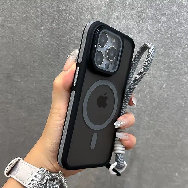 Luxury Apple iPhone Case  Ultra Thin Shockproof Magnetic Full All Around Protection Cover with Matte Stand & Wrist Strap