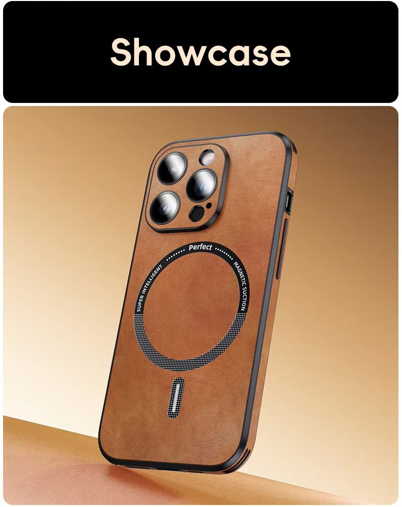 Premium MagSafe Leather iPhone Case with Magnetic Shockproof Design, Glass Lens Protector, Full Body Drop Defense, 