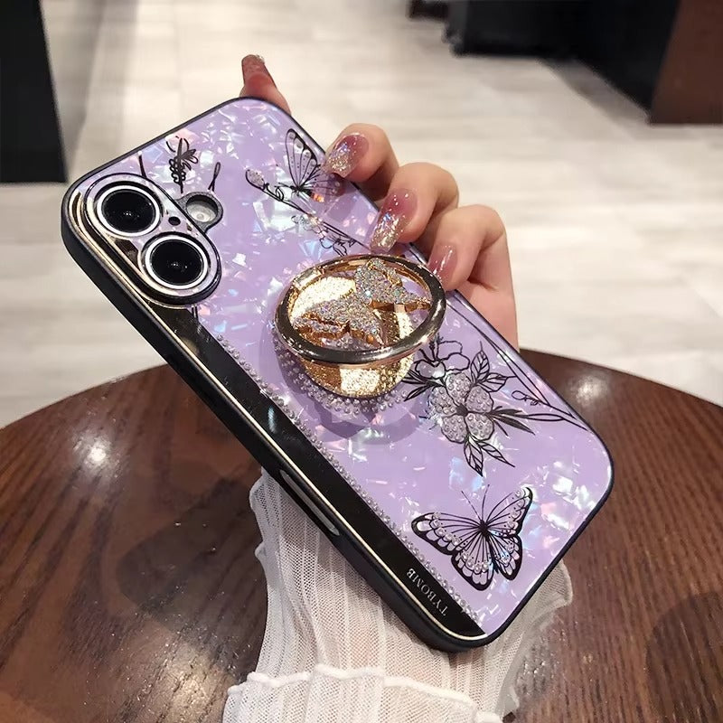 Luxury Apple iPhone Case, MagSafe Compatible, Camera Lens & Screen Protection, Ultra Thin, Shockproof, Magnetic Full All Around Cover – Shell Pattern Butterfly Case with Ring Holder & Hard Silicone TPU Back Design