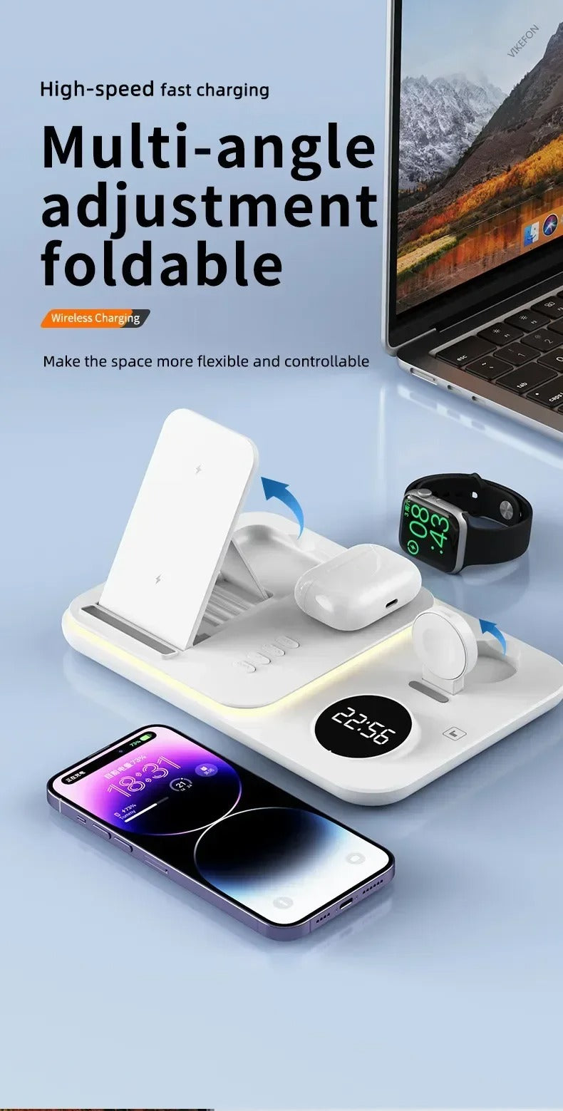 Premium 5 in 1 Wireless Charging Station – 30W Foldable Fast Charger Dock with RGB LED Light, Alarm Clock for Phones, Apple Watch, Samsung Watch & AirPods