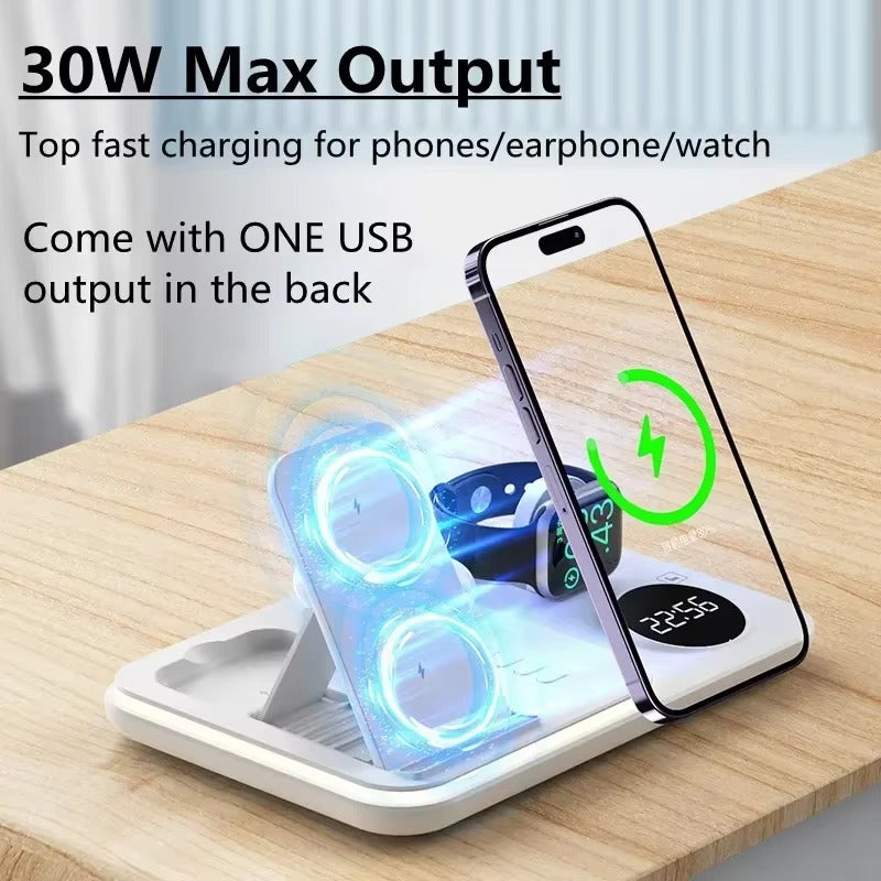 Premium 5 in 1 Wireless Charging Station – 30W Foldable Fast Charger Dock with RGB LED Light, Alarm Clock for Phones, Apple Watch, Samsung Watch & AirPods