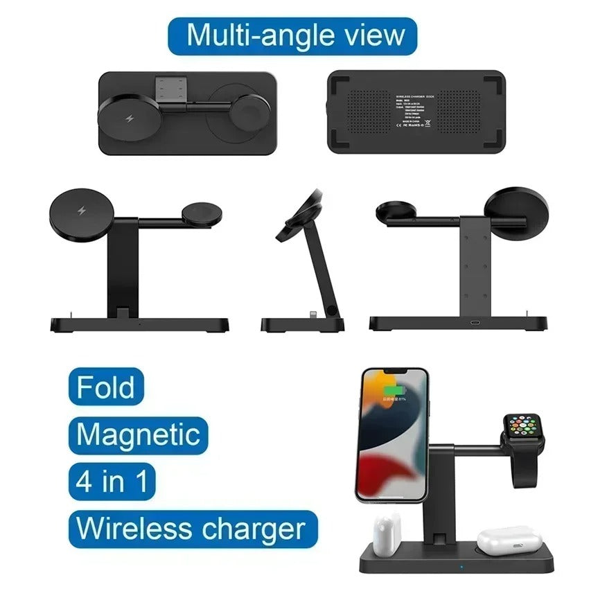 Premium 5 in 1 Magnetic Wireless Charging Station – Foldable Fast Charger Stand for Phones, Smartwatches, Earbuds with 30W Output & LED Night Light