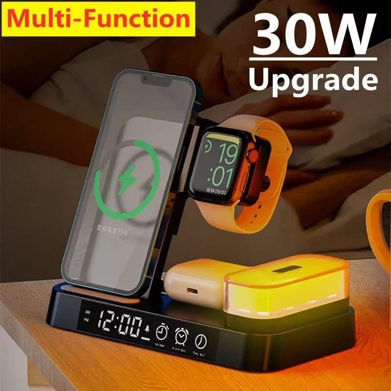 Premium 3 in 1 Wireless Charging Station – 30W Fast Charger Stand with Alarm Clock, Removable RGB Night Light for Phones, Apple Watch, Samsung Watch & AirPods