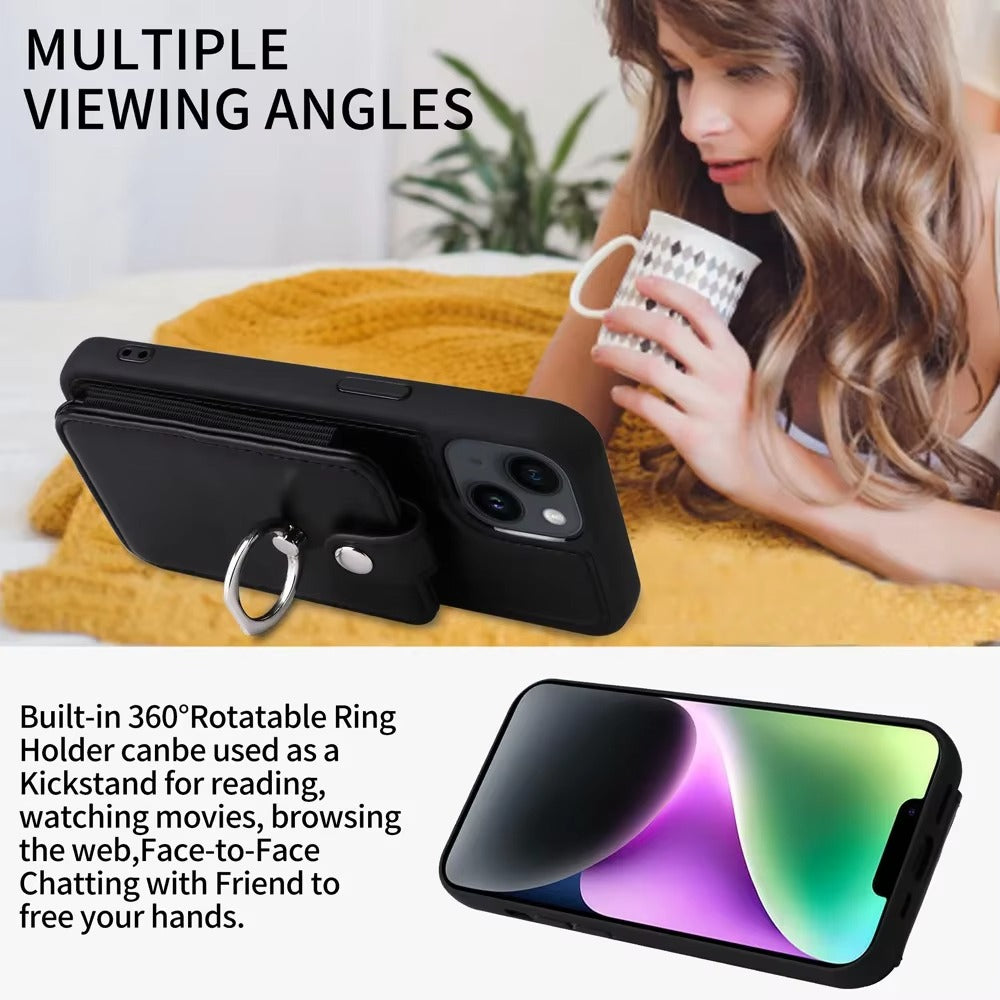 Premium Leather Apple iPhone Case, MagSafe Compatible, Ultra Thin Magnetic  Card Slot Wallet and Ring Grip