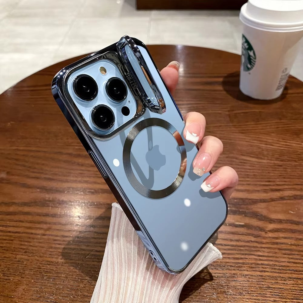 Luxury Apple iPhone Case Ultra Thin Shockproof Magnetic Full All Around Protection Cover with Transparent Plating Bracket
