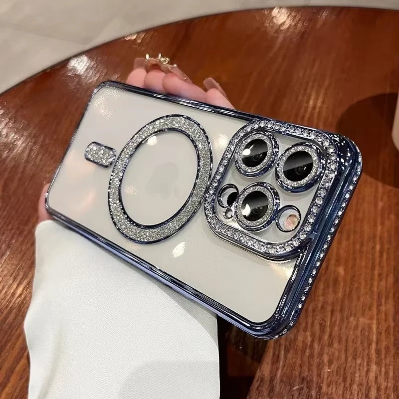 Luxury Apple iPhone Case, MagSafe Compatible, Camera Lens & Screen Protection, Ultra Thin, Shockproof, Magnetic Full All Around Cover – Glitter Diamond Transparent Case with Wireless Charging & Bumper Edge Design