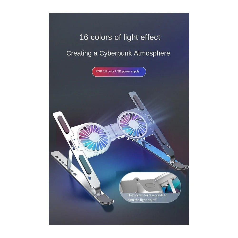 Luxury Aluminum Laptop Stand with RGB Light & Dual Cooling Fans – 7-Level Height Adjustable Notebook Holder, USB Powered, Foldable & Portable for 17" Devices